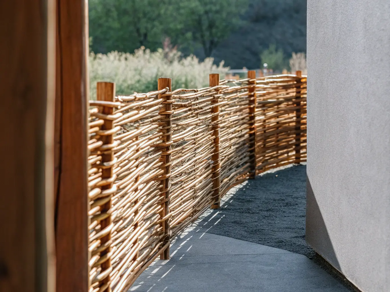 Rustic brushwood fence in Swedish garden