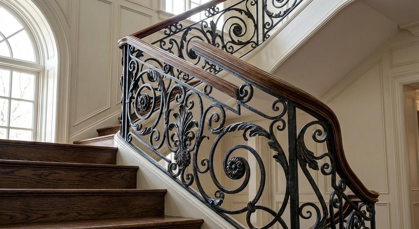 Smidesräcke med klassisk design vid trappa