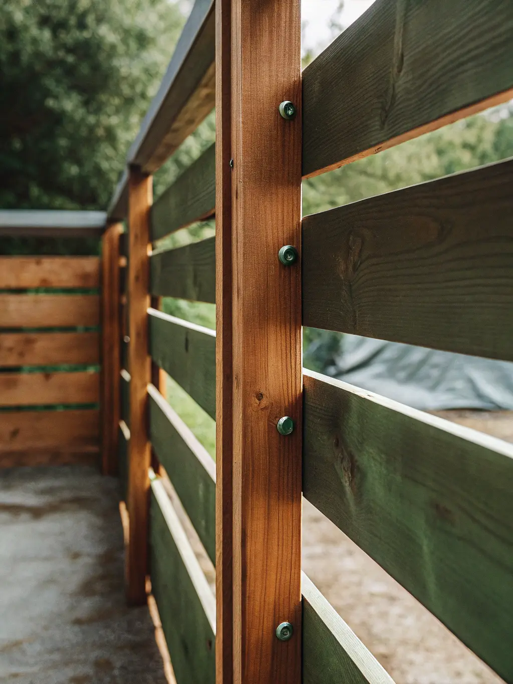 Detaljbild av staketpanelens montering med horisontella brädor