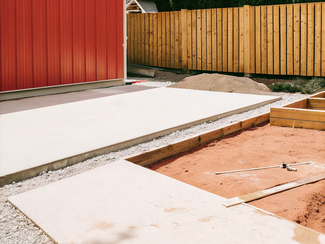 Grundarbete för staketinstallation med grävda hål och gravel