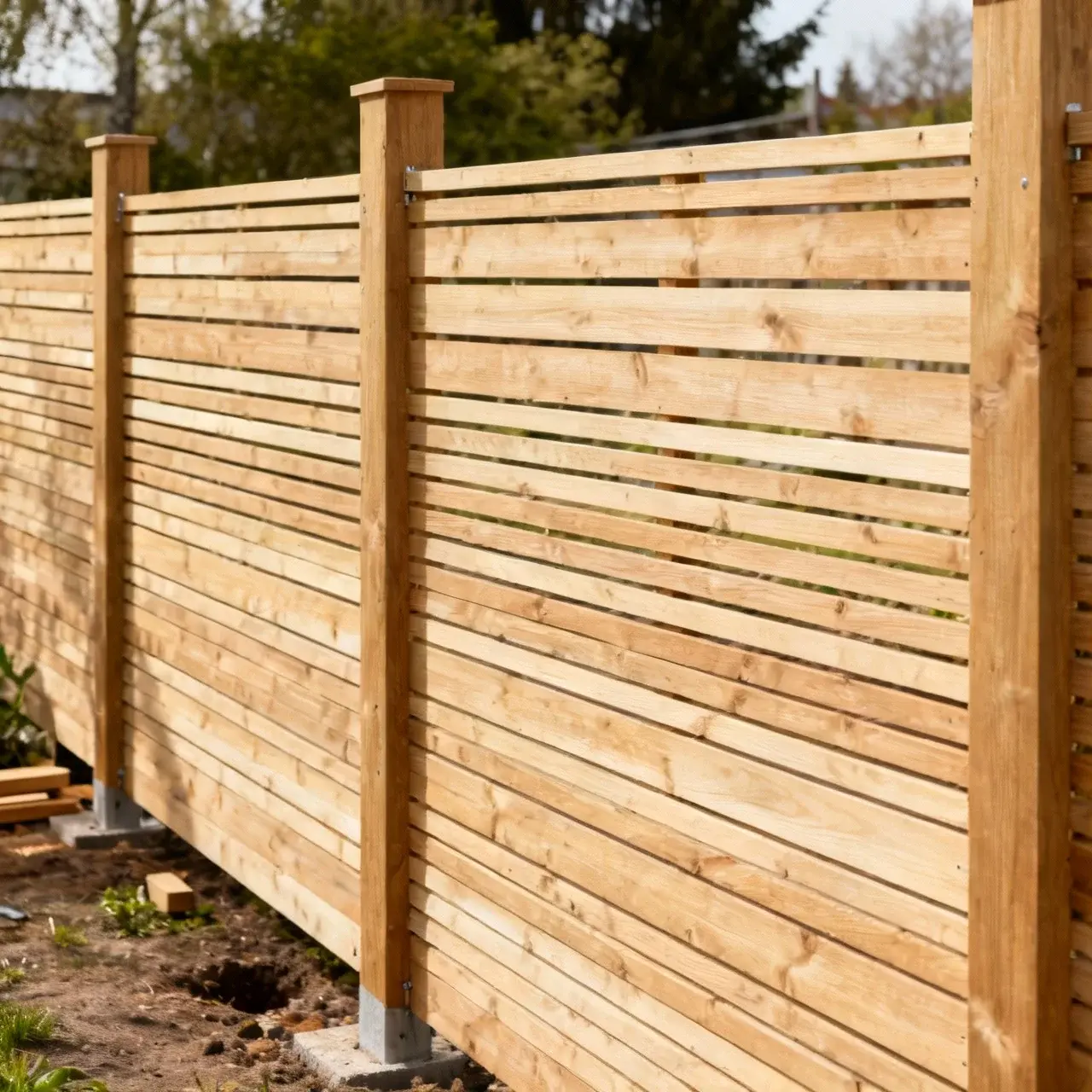 Horisontella ribbor monteras på stolparna