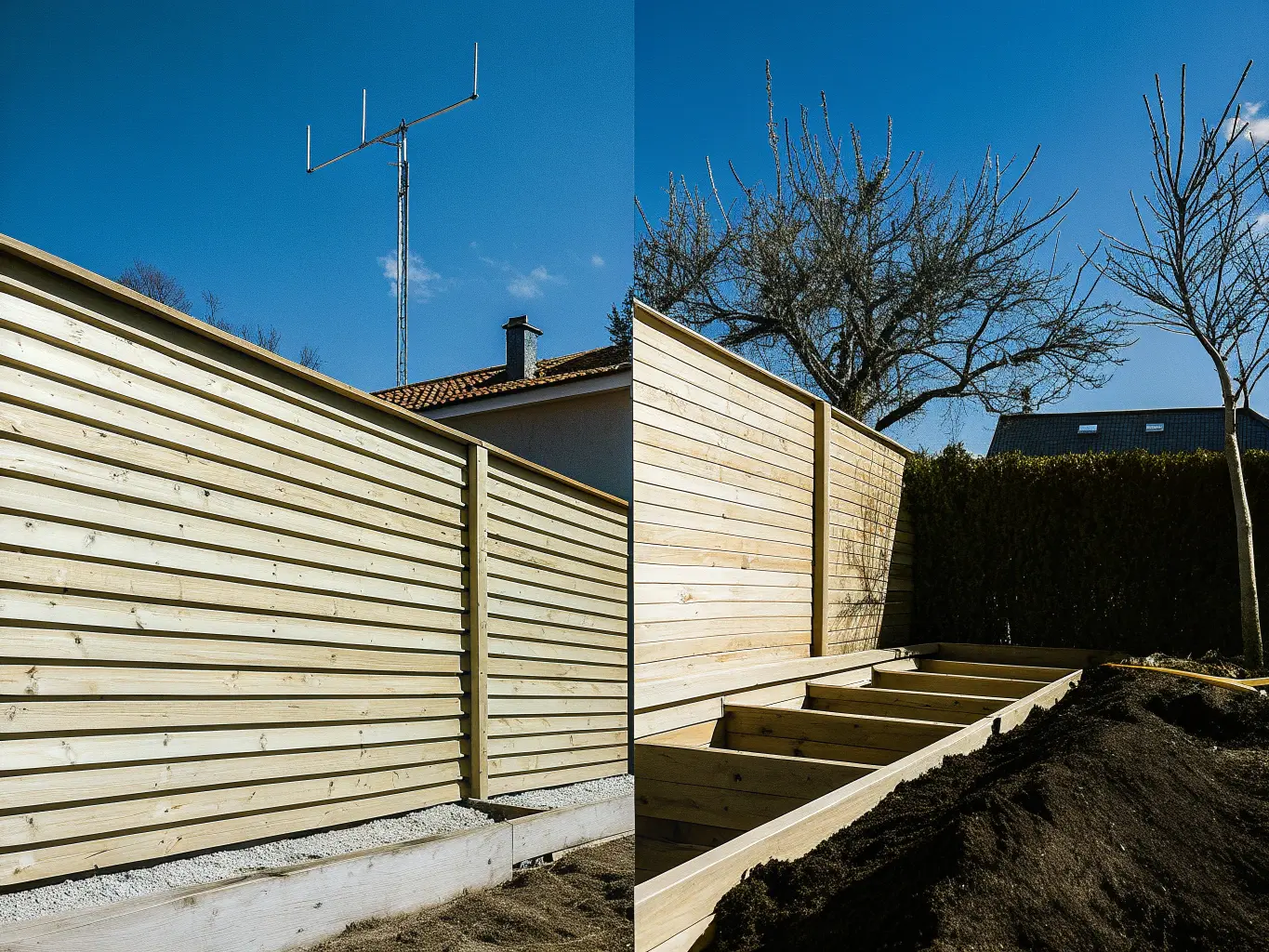 Olika stadier av staketbygge från grund till färdig sektion