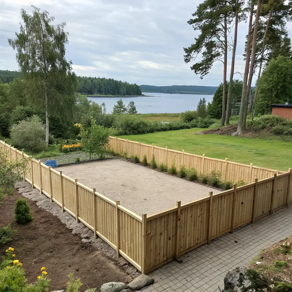 Färdigt staket installerat i svensk trädgård