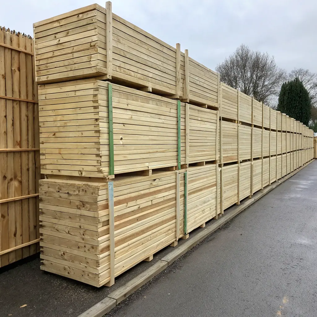 Stapel med färdiga staketsektioner