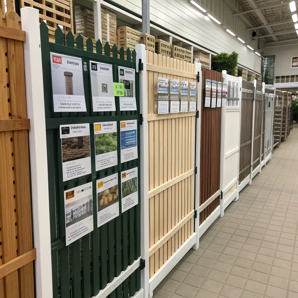 Display med olika staketmodeller och prisskyltar