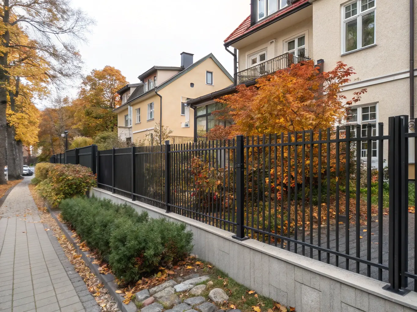 Modernt staket i Stockholm med svart metallkonstruktion