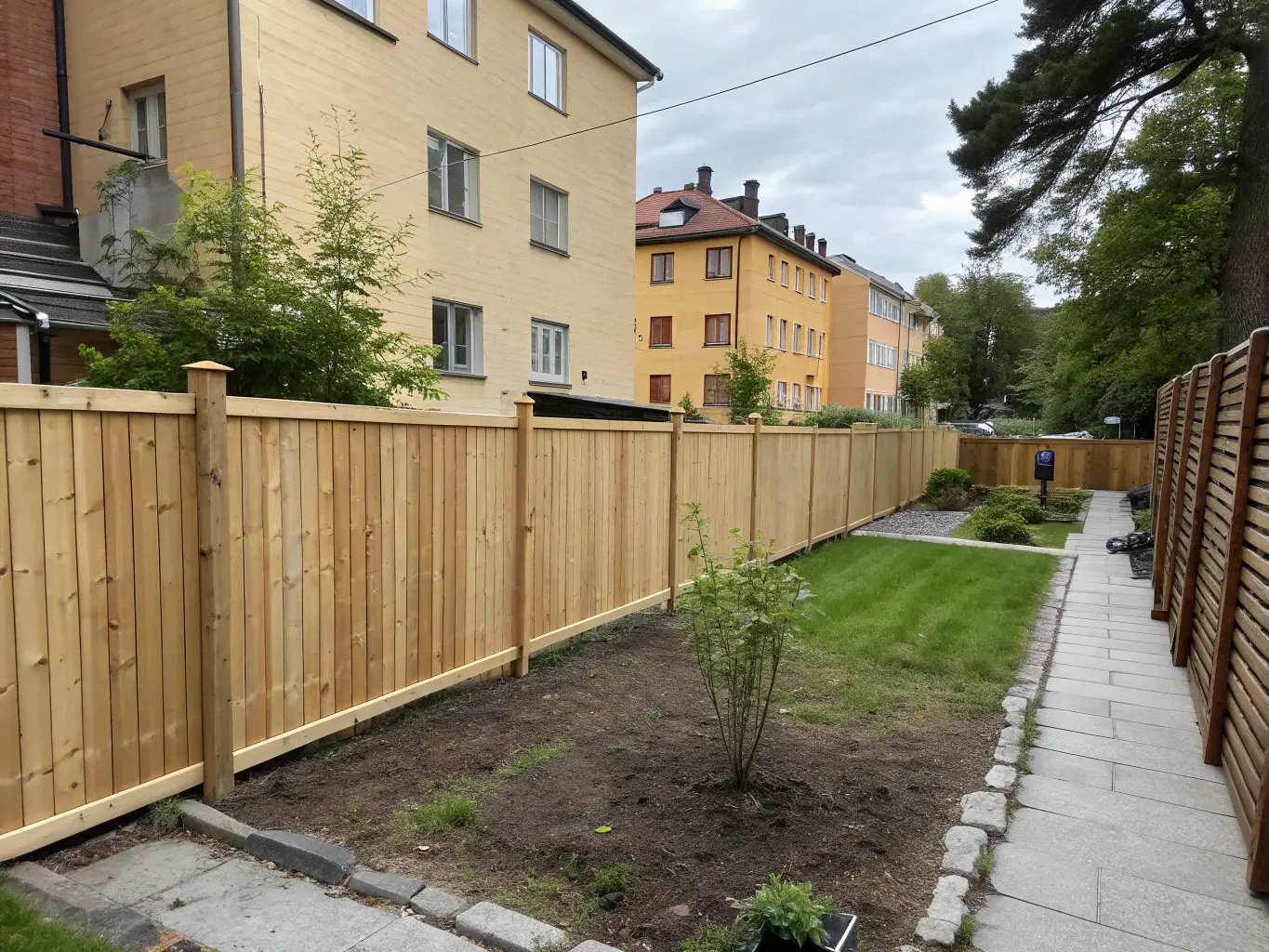 Färdigmonterat staket med rak linje i bostadsmiljö