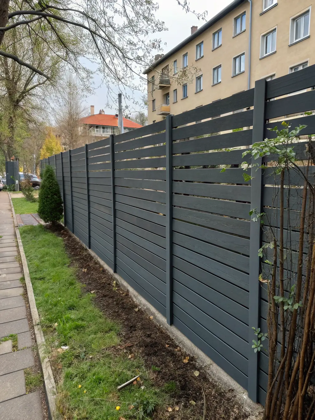 Modernt insynsskydd i mörk färg för stadsträdgård