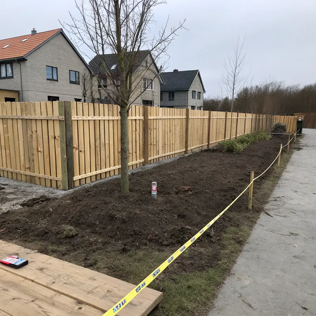 Modern staket vid tomtgräns i svensk trädgård