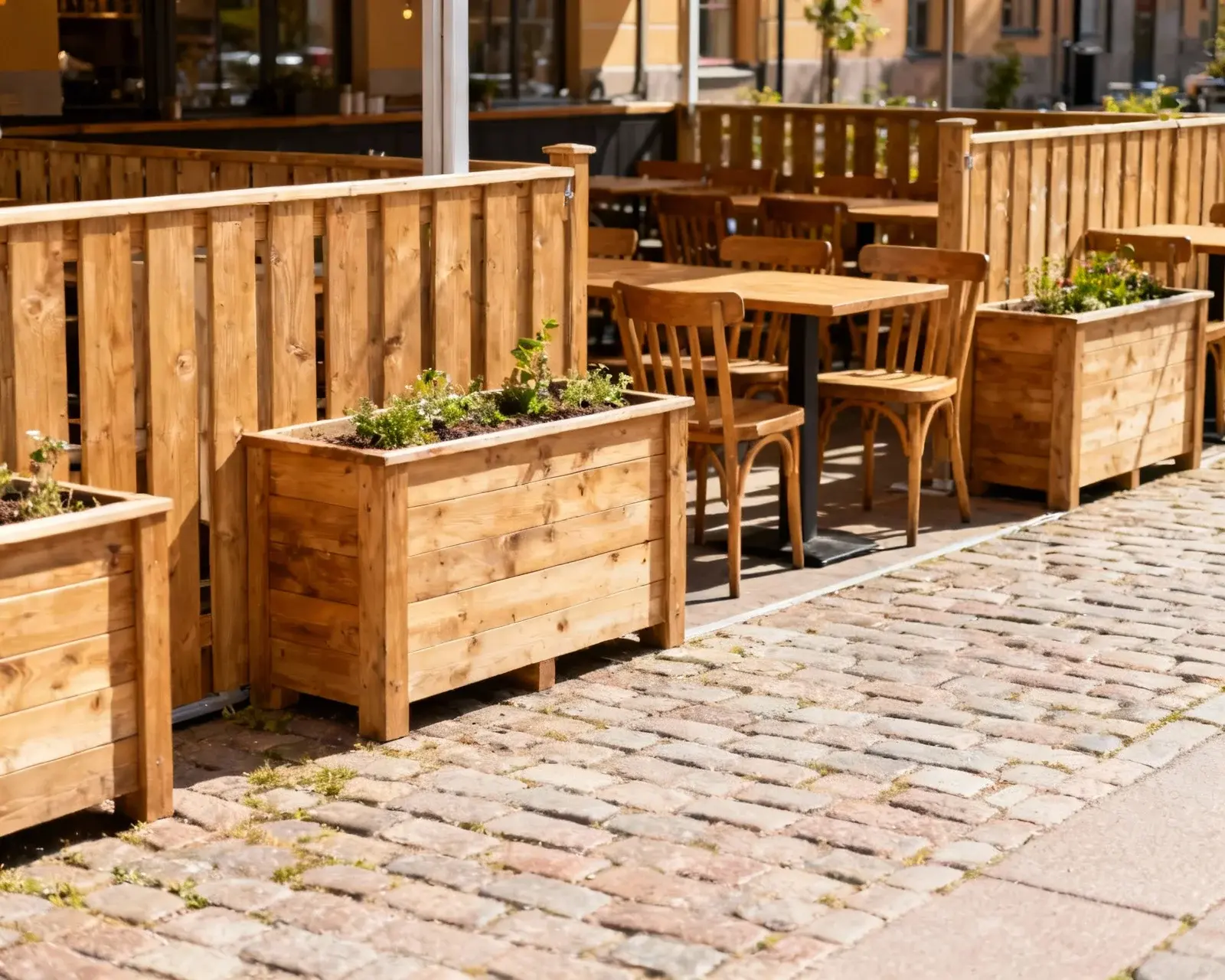 Restaurangstaket med planteringslådor som avgränsning