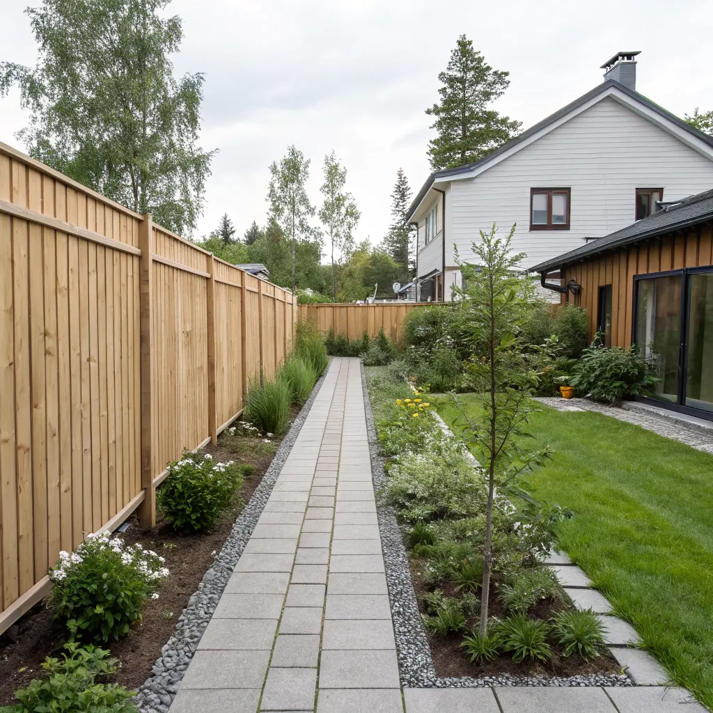 Två granntomter med staket mellan sig