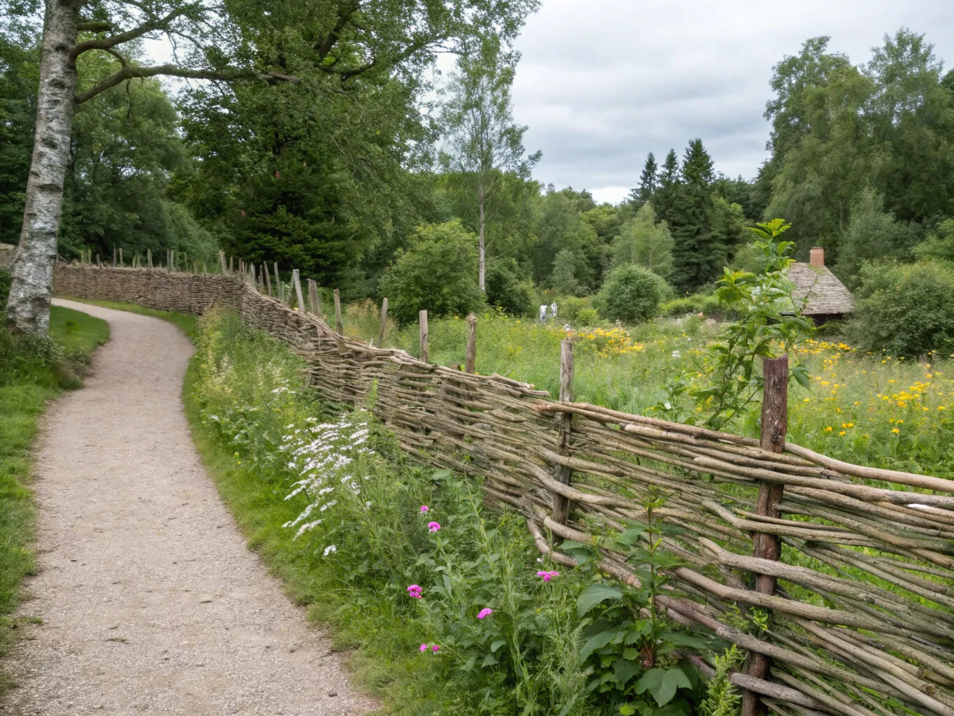 Traditionellt pinnstaket i skandinavisk trädgård